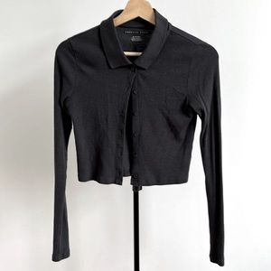 American eagle charcoal grey ribbed polo long sleeve cropped button shirt XS